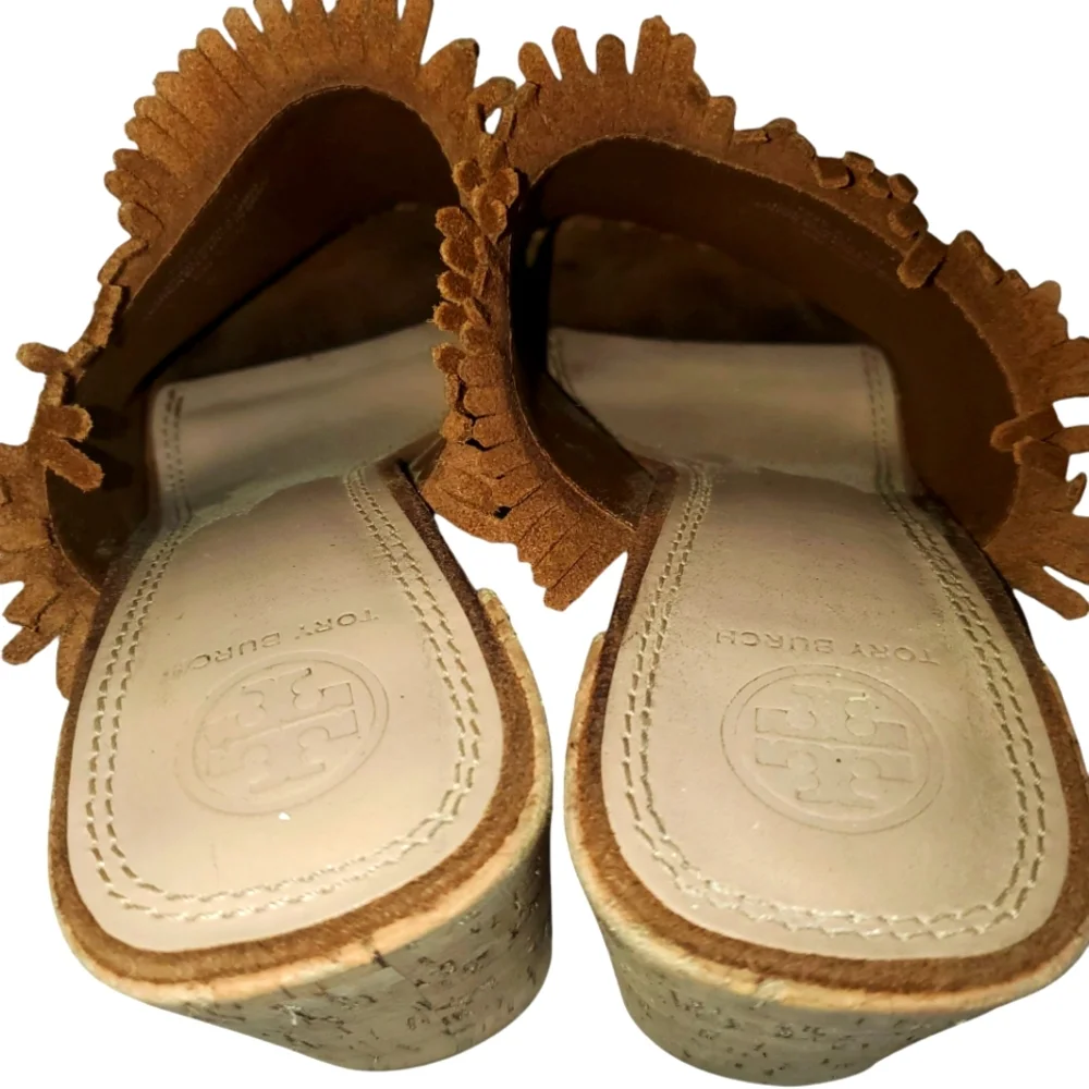 TORY BURCH Huntington Brown Suede Fringe Cork Block Heel Slide-on Sandal Size 9M